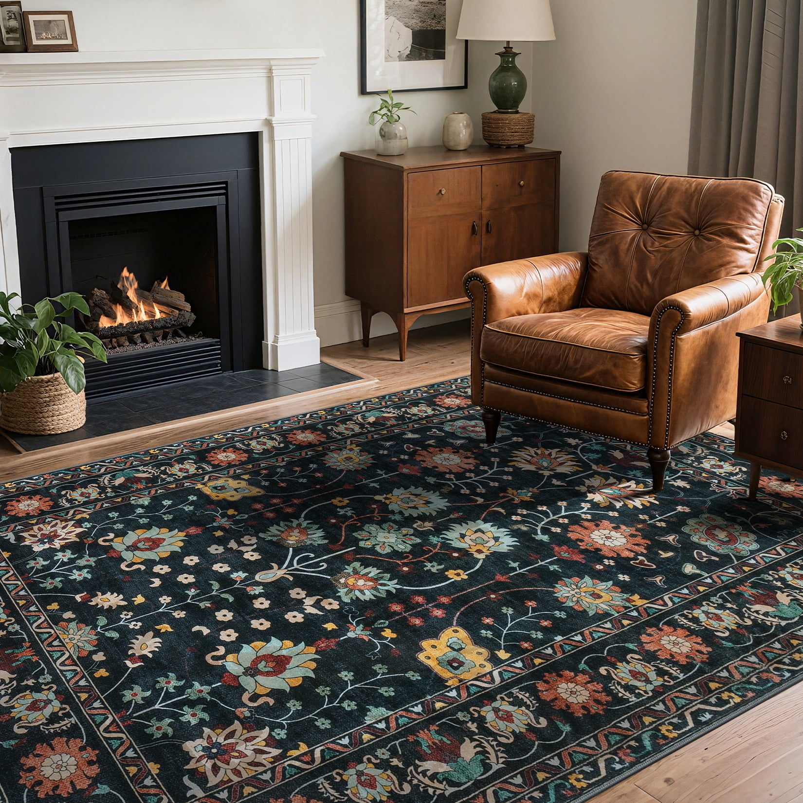Toyoso 9x12 Area Rug Living Room Rugs - Machine Washable Traditional Floral Rug Non-Slip Classic Farmhouse Entryway Mat for Indoor Front Door, Kitchen, and Home Décor – Black