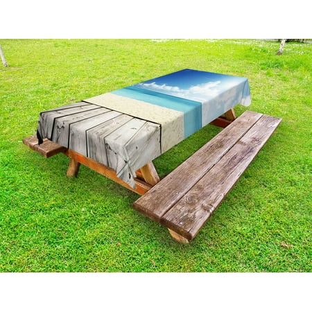 

Landscape Outdoor Tablecloth Tropical Beach from Wooden Pier with Sky Landscape Summer View Image Decorative Washable Fabric Picnic Tablecloth 58 X 104 Inches Cream Turquoise White by Ambesonne