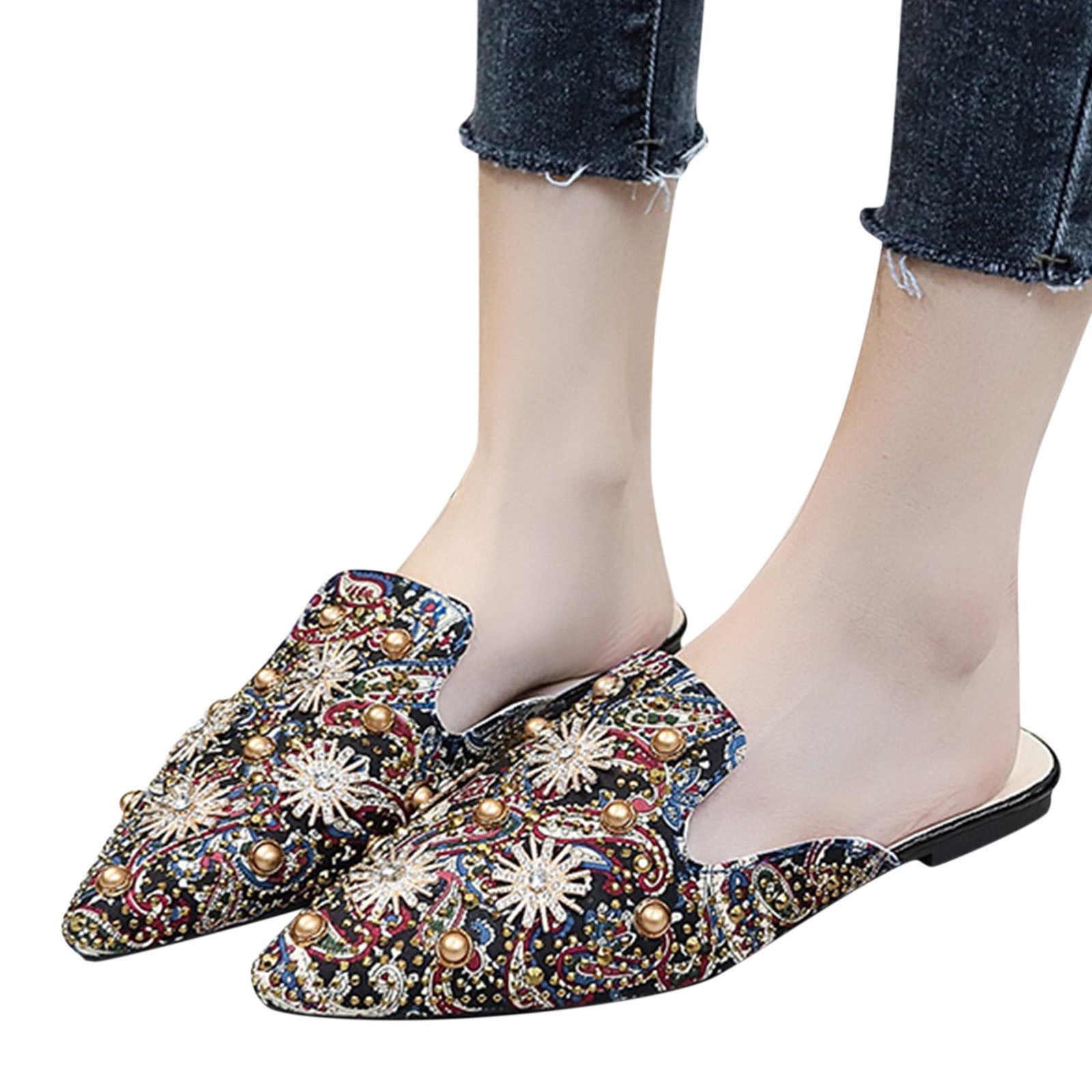 Mules Chaussures pour Femmes à Enfiler Chaussures Confortables Mode Mules Plates en Strass Mocassins Sans Talon