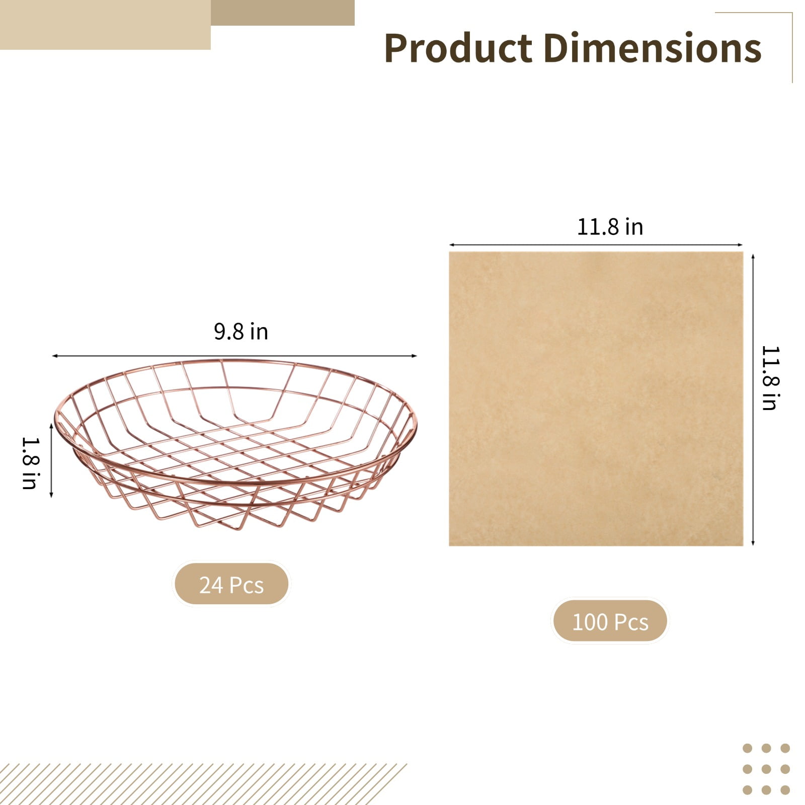 Bulk 24-Pack Gold Wire Serving Baskets, 9.8x1.8 Inch with 100 Deli Papers, Oil-Absorbent Liners, Snack or Bread Baskets for Restaurants, Catering, Events