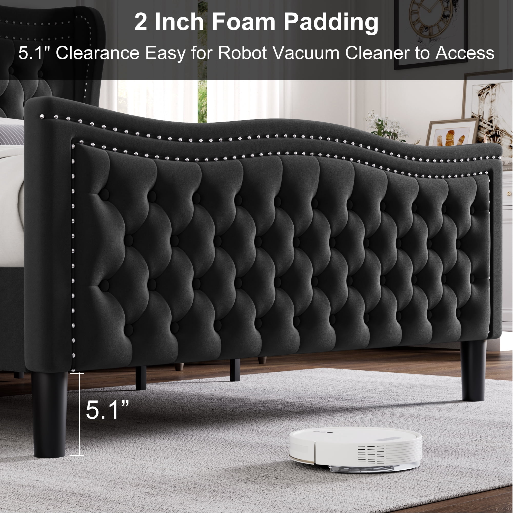 Gewnee King Bed Frame with 52'' Tall Headboard Velvet Upholstered Bed Frame,Double Nail & Wingback Design Platform Bed Frame.Black