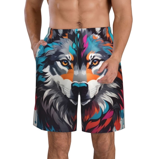 Fotbe Tie-Dye Wolf Head Trajes de Baño Estampados para Hombre, Shorts de Verano de Secado Rápido, Ropa de Playa, Bañadores-3X-Large