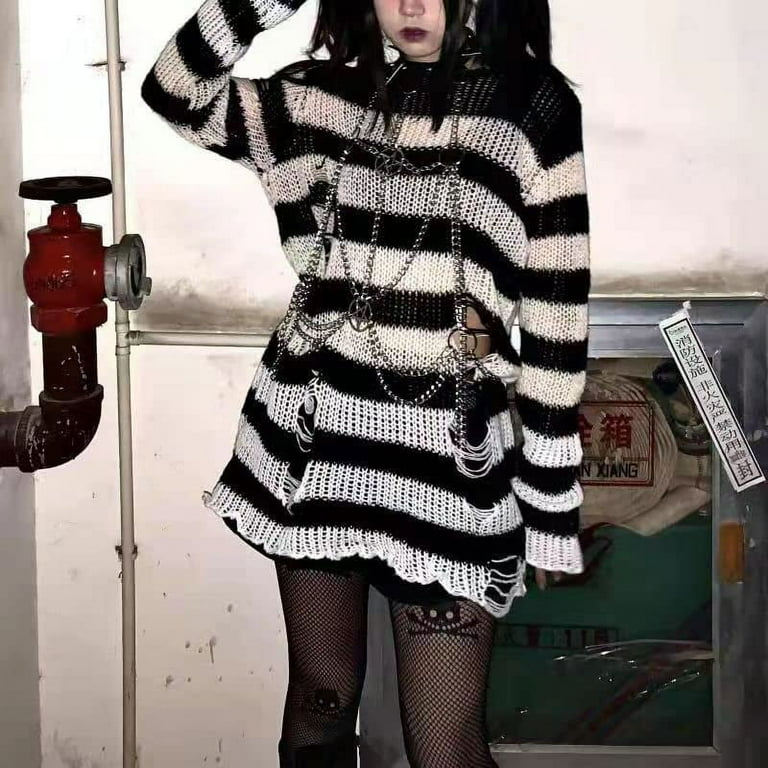 Kukuzhu Y2K Oversized Goth Punk Sweater Ripped Striped Long Sleeve Pullover Fairy Grunge Distressed Emo Streetwear Tops Clothes Kukuzhu Y2K Oversized Goth Punk Sweater Ripped Striped Long Sleeve Pullover Fairy Grunge Distressed Emo Streetwear Tops Clothes