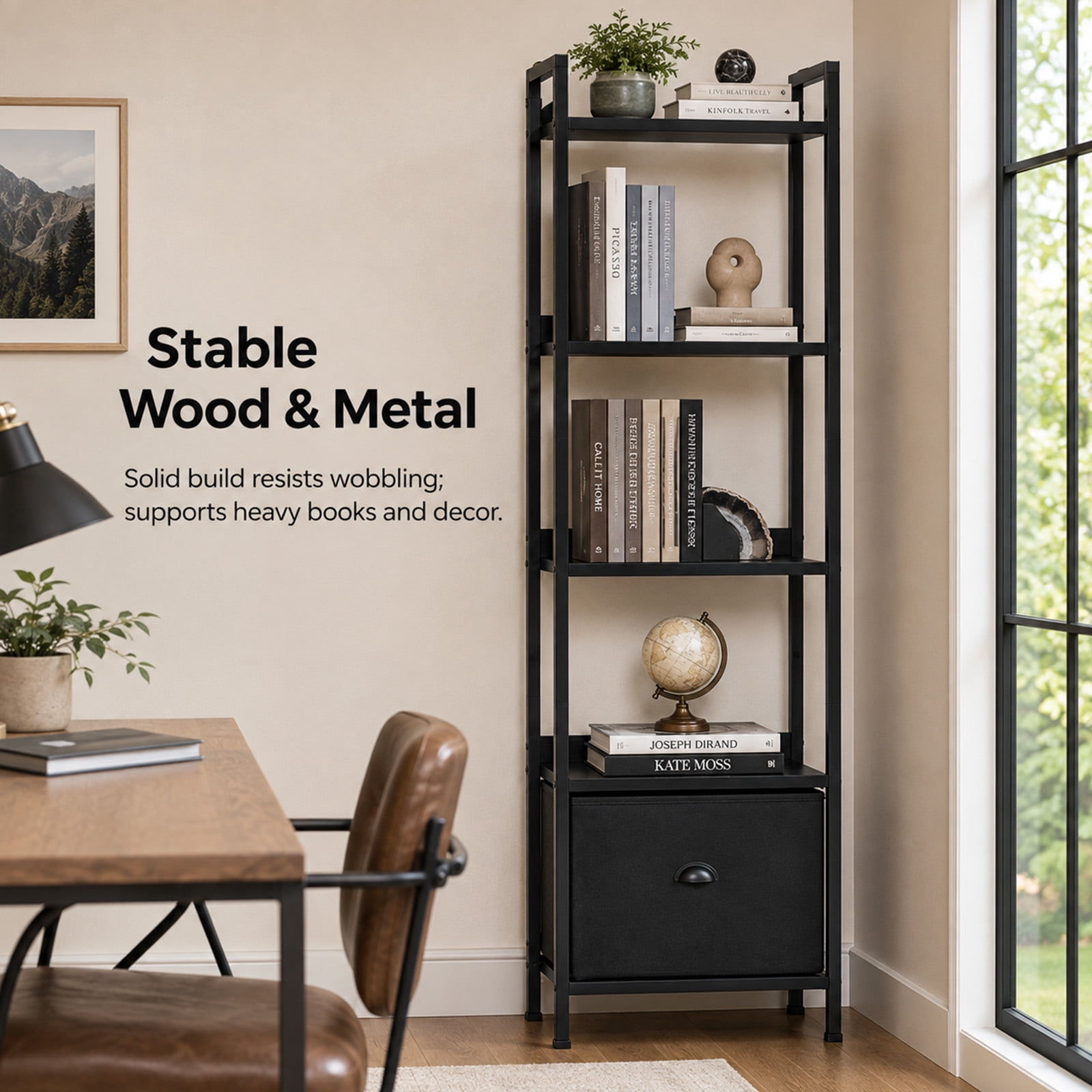 Alvantor 5-Tier Bookshelf, Industrial Bookcase with Drawer, Space-Saving Storage Bookcase for Bedroom, Living Room & Home Office