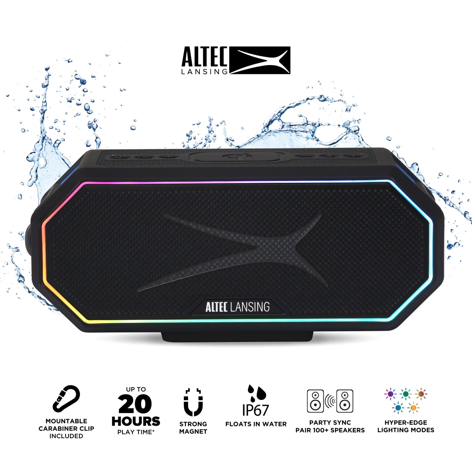 Altec Lansing HydraBlast 2.0 EverythingProof™ Bluetooth Speaker, IP67 Waterproof, 20H Battery, Qi Wireless & USB Charging, LED Lights, Party Sync, 100ft Range
