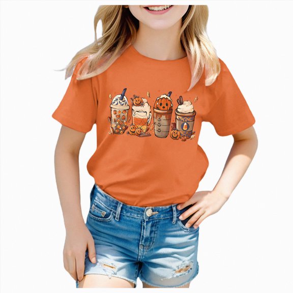 CAUYDY Halloween Shirts for Boy Girl Pumpkin Print T-Shirt Kids Short Sleeve Spooky Season Outfit Holiday Tee Tops(Z02-Orange,12-13 Y)