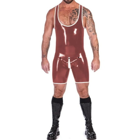 Mens Glossy PVC Leather Tank Leotard Sleeveless One-piece Bodysuit Open Crotch Singlet Jumpsuit