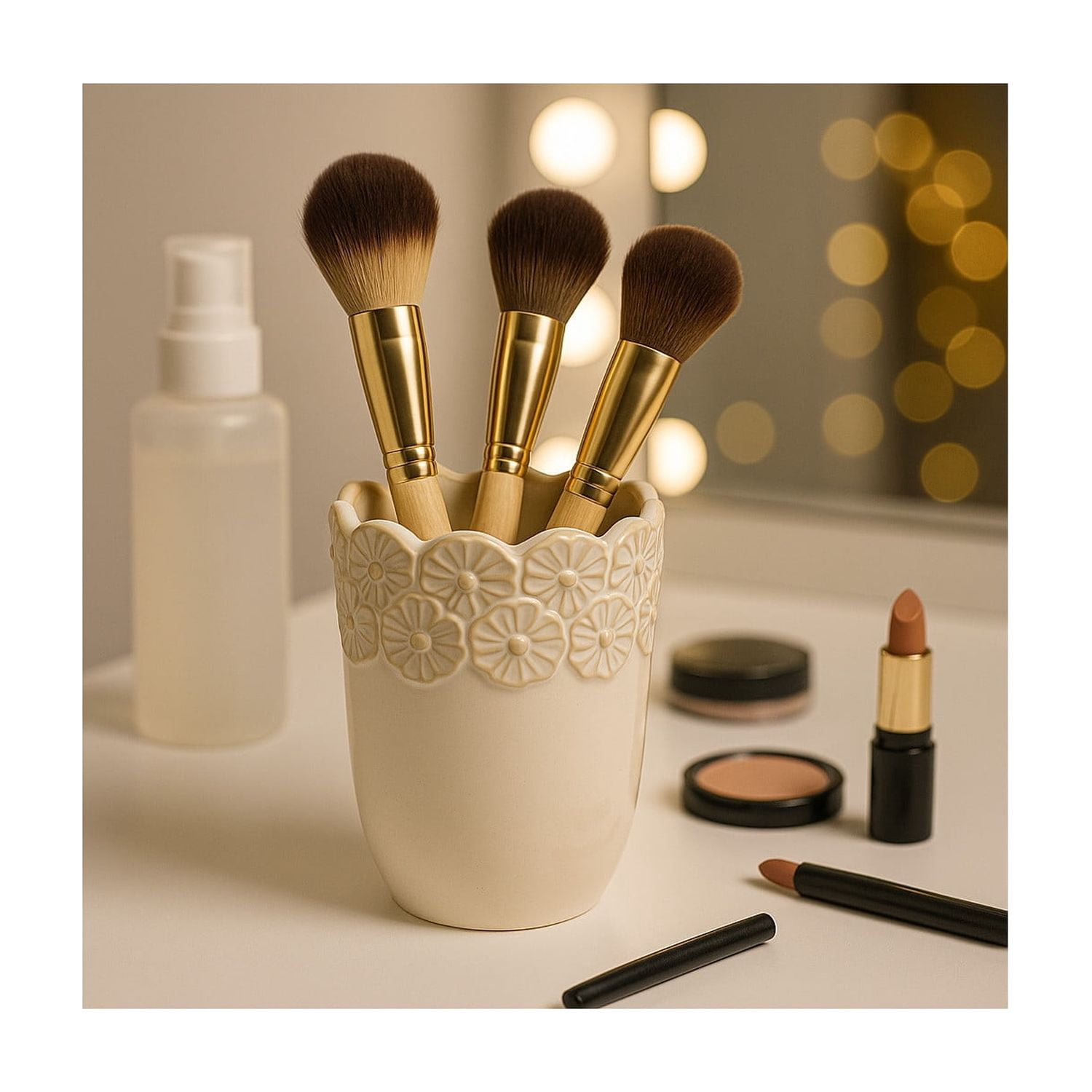 Flower and Scallop Border Ceramic Desk Organizer - Cute Desktop and Office Storage Organizer for Workspace Decor - Functional Small Desk Holder for Office Accessory and Home Decor - 5", Ivory