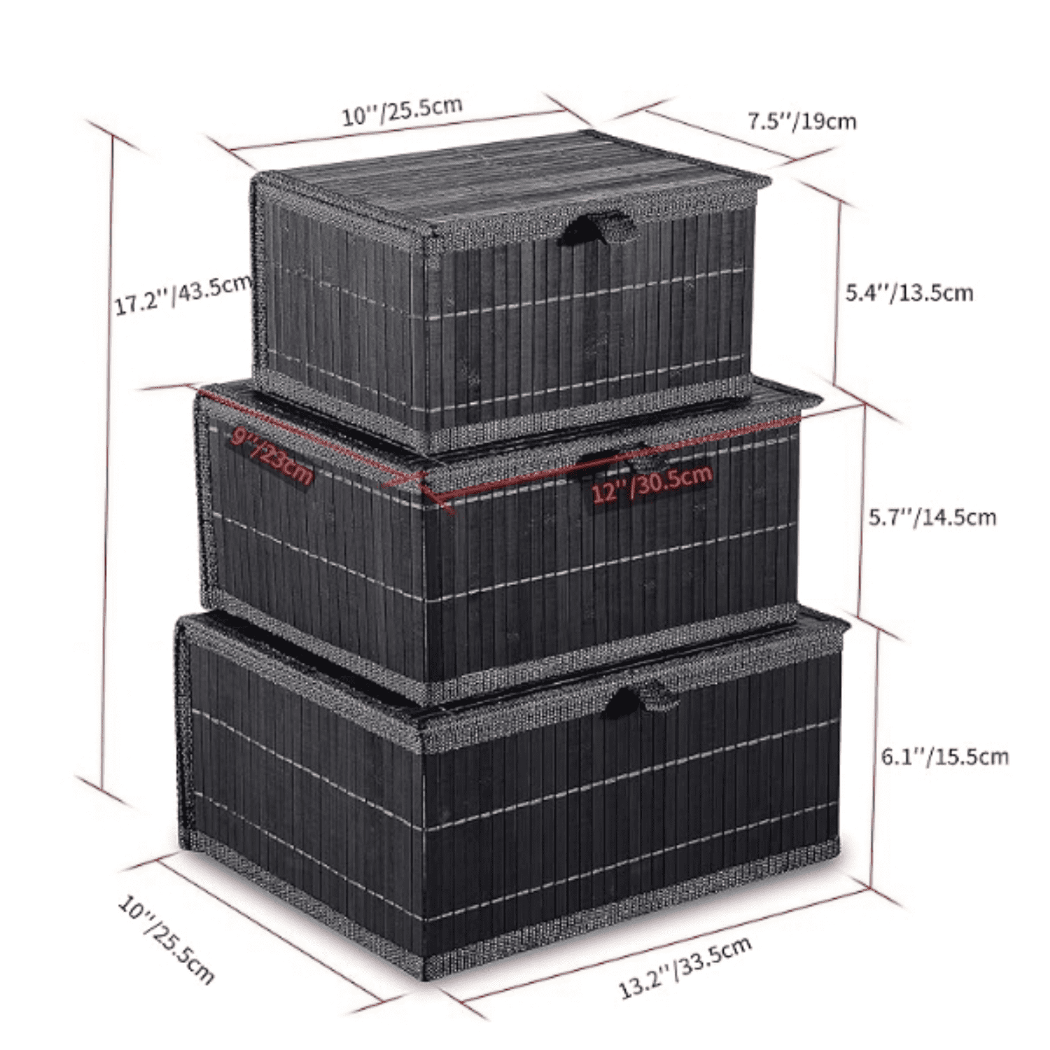 Bamboo D rative Storage Boxes - Set of 3 Woven Lined Storage Basket with Lids, Black Wicker Lidded Baskets for Home Kitchen Shelf Organizer D r