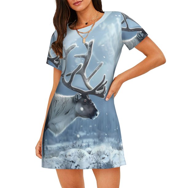 Easygdp Winter Reindeer In Snowy Mountains Camisón de manga corta para mujer, informal, estampado