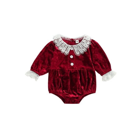 

BrilliantMe XMAS Toddler Baby Girls Fall Rompers Lace Splicing Peter Pan Collar Long Sleeve Corduroy Jumpsuit Red 2-3 Years