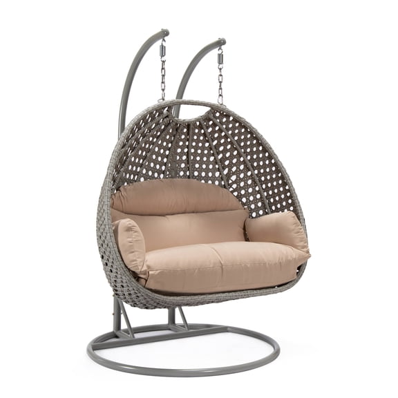 LeisureMod Mendoza Light Gray Wicker Hanging 2 Person Egg Swing Chair with Stand & Beige Cushions