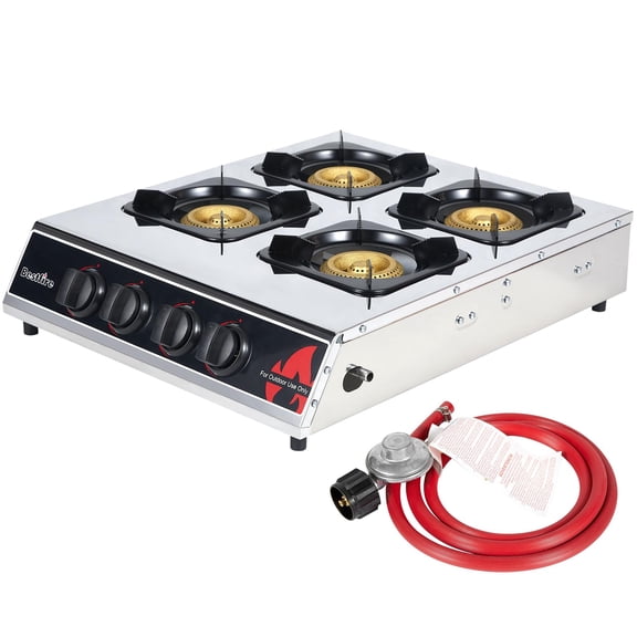 Frizi 4 Burner Propane Gas Stove 40,000 BTU Stainless Steel Cooktop with Enamel Pan Support, Electronic Ignition, Regulator & Hose Included, Portable Gas Stove for Camping, Outdoor Cooking, BBQ