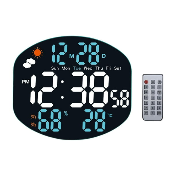 Reloj de pared digital con alarma LED, brillo ajustable, decoración y temperatura. Azul
