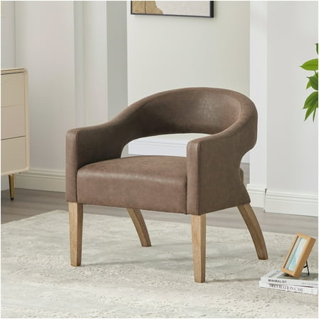 JERFIT Modern Accent Chair, PU Leather Barrel Chair with Open Back and Wood Legs for Dining Room, Living Room, Bedroom, Cafe in Coffee Brown