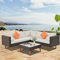 thumbnail image 2 of 4-Pieces Outdoor Wicker Sofa Set with Coffee Table, L-Shape Patio Furniture with Colorful Pillows, White Cushions and Brown Rattan, Weather-Resistant for Garden, Balcony, Backyard, 2 of 9