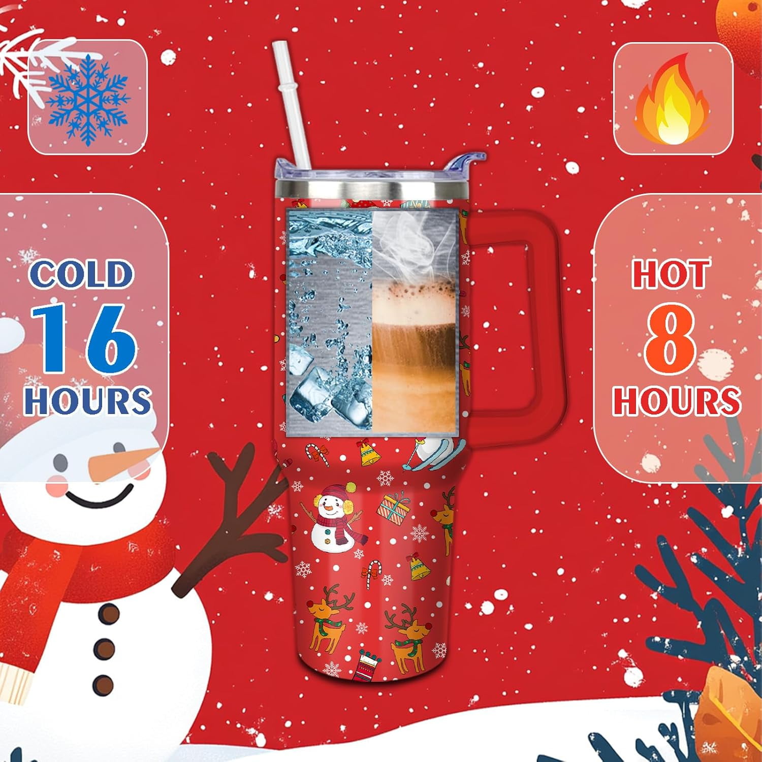 Christmas Tumbler 40 oz Christmas Tumblers with Handle and Straw Red Snowman Stainless Steel Insulated Coffee Cups Mugs Christmas Gifts Stuff Decor for Women Girls