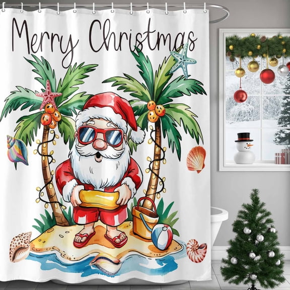 Merry Christmas Santa Claus Shower Curtains for Bathroom, Coconut Tree Shell Beach Waterproof Fabric Shower Curtain for Bathroom Bathtub Decoration, Machine Washable, 54x"78"