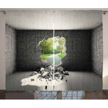 Ambesonne Grey Curtains 2 Panel Set, Concrete Room Hole Exit, 108" x 90", Grey Green