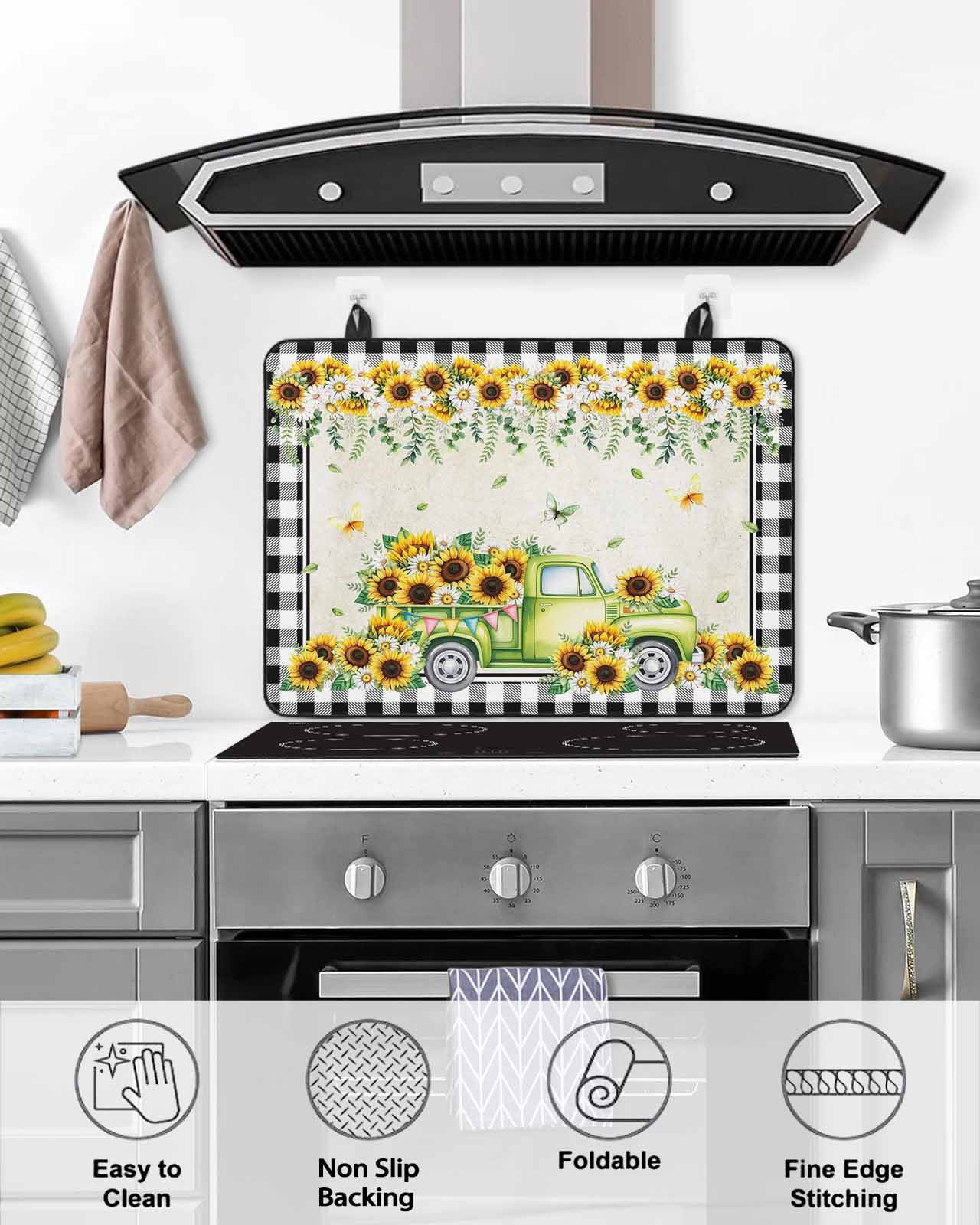 Large Induction Cooktop Protector Mat Sunflowers Stove Top Covers for Electric Stove, Spring Farmhouse Country Truck Leaf Black Plaid Decorative Stove Burner Cover Mats, Glass Top Stove Cover