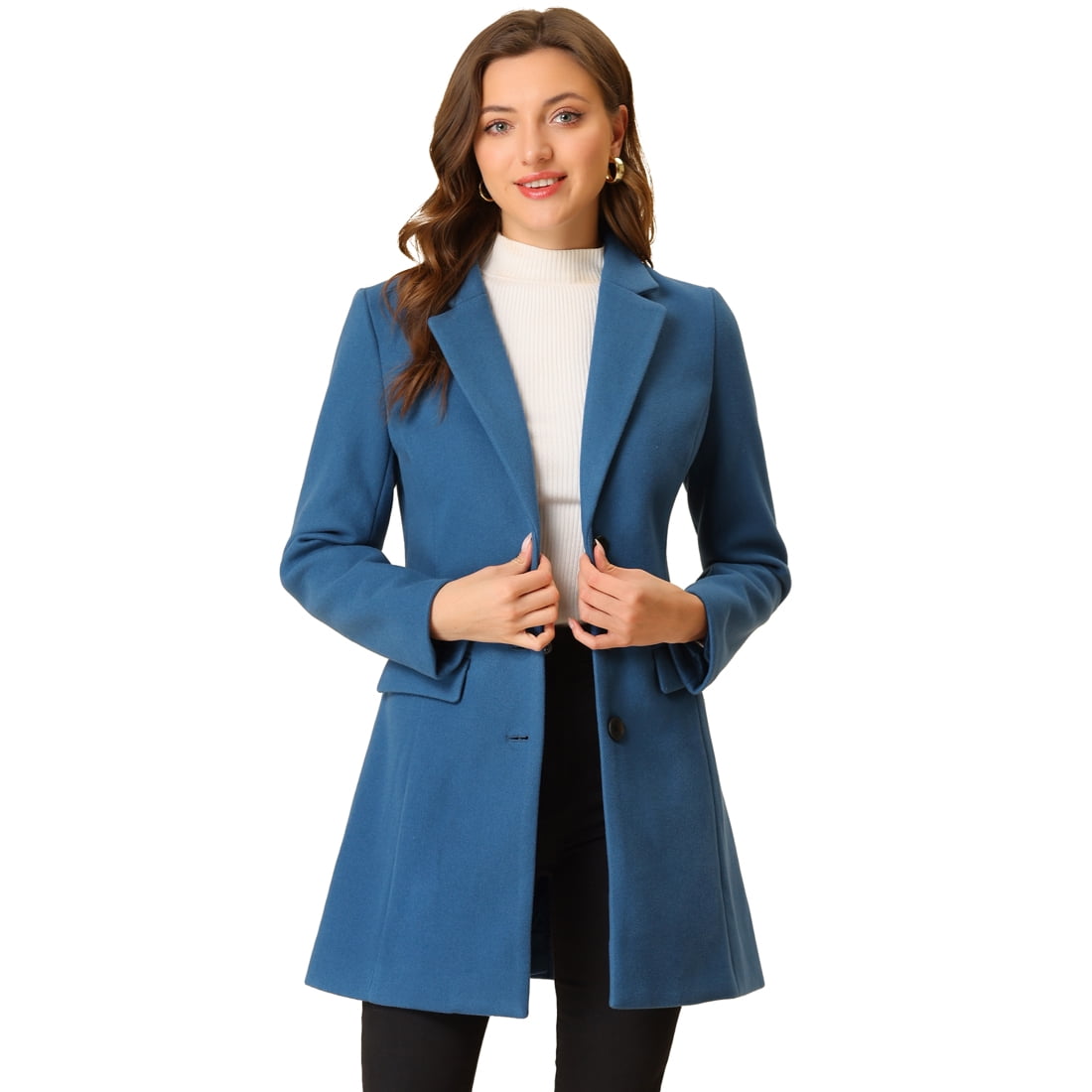 Unique Bargains Women s Notched Lapel Single Breasted Long Sleeves Winter Overcoat Dusty Blue L Other