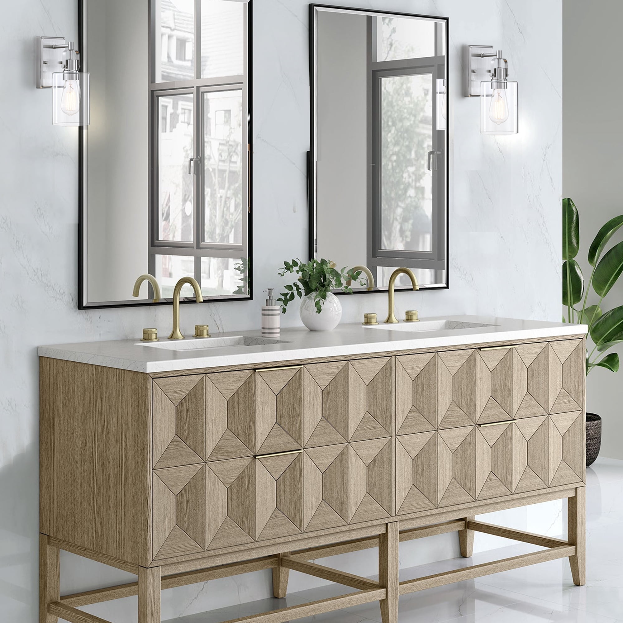 Brushed Nickel Bathroom Vanity Light - Modern Over Mirror Fixture With Clear Glass Shades, Dimmable