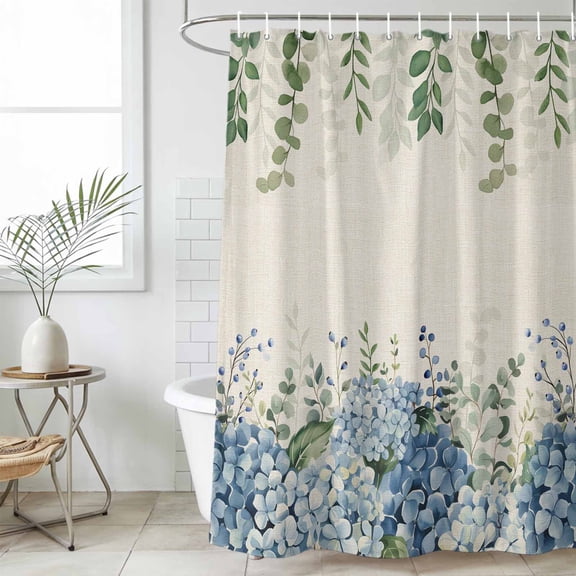 Blue Flowers Waterproof Fabric Shower Curtain,Green Eucalyptus Floral Country Beige Waterproof Fabric Shower Curtain for Bathroom Curtains Bathtubs Shower Curtains with 12 Hooks Extra Long 72x84