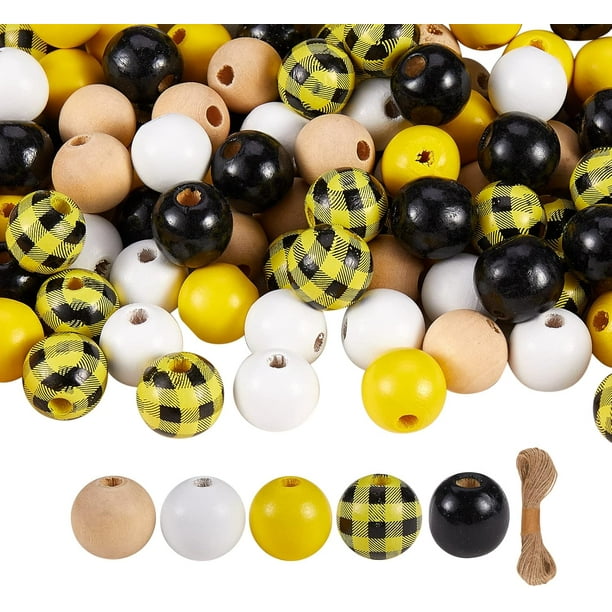 200 piezas de cuentas de madera redondas estampadas de color amarillo para pulseras elásticas DIY, kits de decoración navideña.