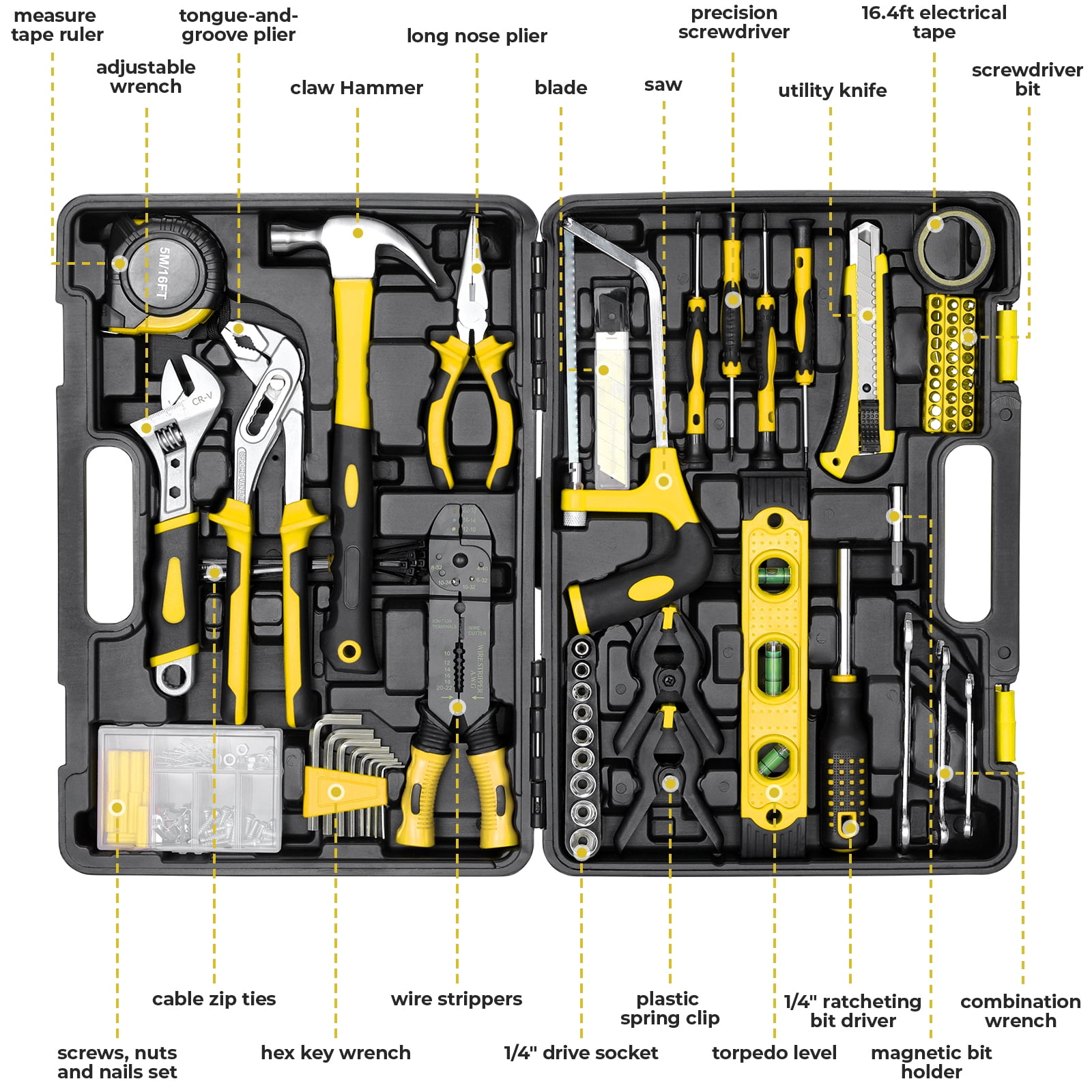 TLGREEN 218-Piece Household Tool Set, Mechanic Tool Kit with Saw, Wrenches,  Hammer, Pliers and Toolbox, for Home, Auto, Perfect Gift (yellow)