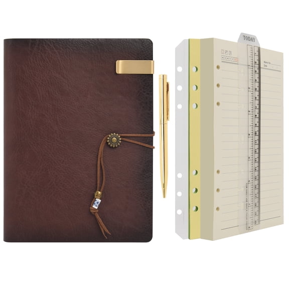Wonderpool Leather Journal A5 Refillable 6 Ring Binder Notebook with Lined Paper and Pen,Writing Diary with Ruled Notepads Vintage Cover (A5, Brown)
