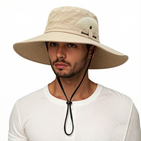 Men‘s Wide Brim Fishing Sun Hat, Breathable Bucket Cap with Mesh Ventilation for Outdoor