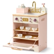 Robud Wooden Dishwasher Playset for Kids - Pretend Kitchen Sink with Faucet, Turning Knobs, Dish Rack & Tableware for Toddler Role Play Toy Ages 3+, Pink
