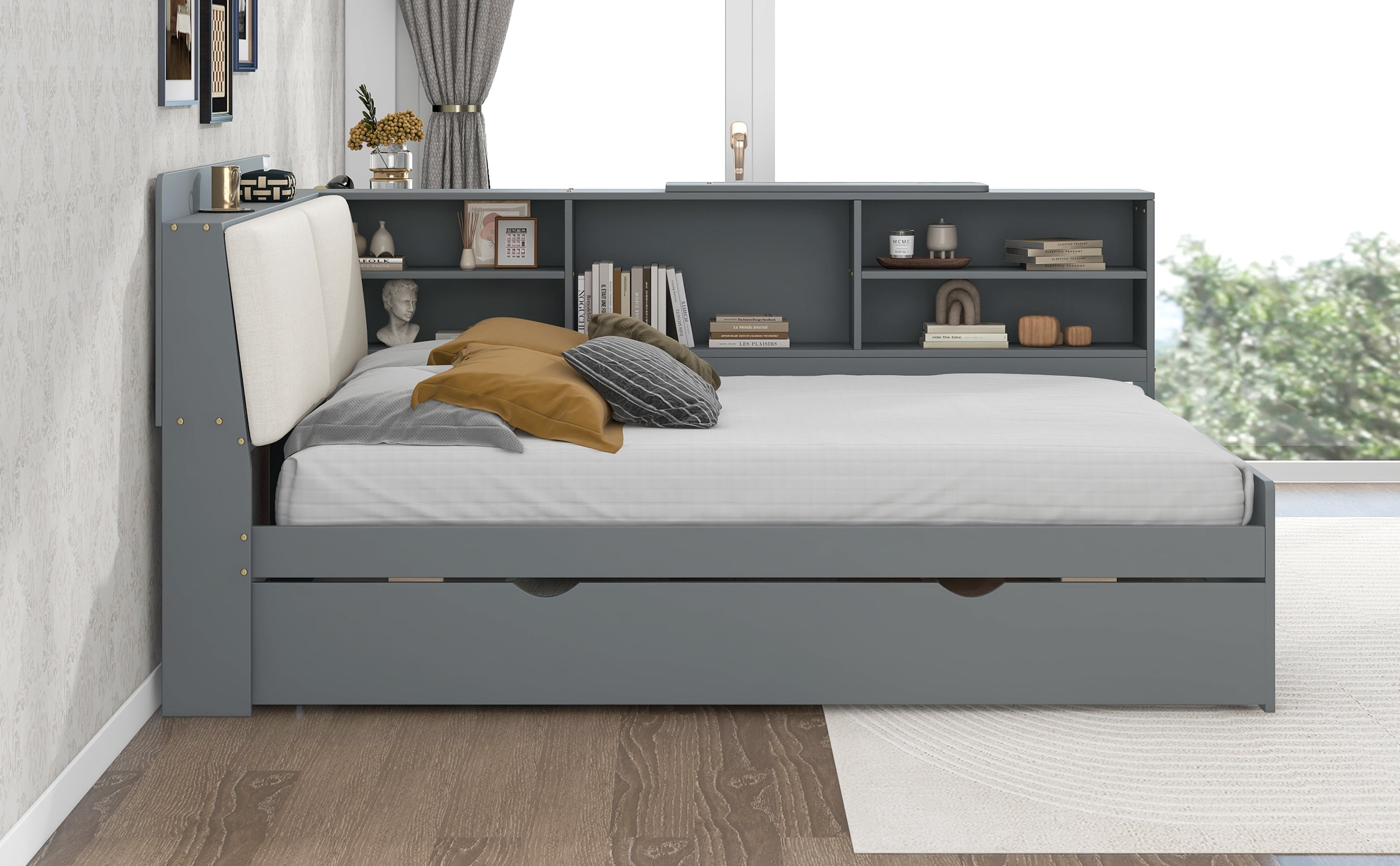 MAYEERTY Wood Full Size platform bed with Trundle, Shelves and Storage Headboard, Gray