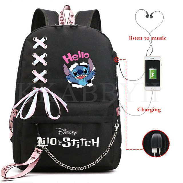 Disney-Mochila de Stitch para mujer, morral escolar con carga Usb, para adolescentes, niñas y niños, para ordenador portátil, de viaje Fivean unisex