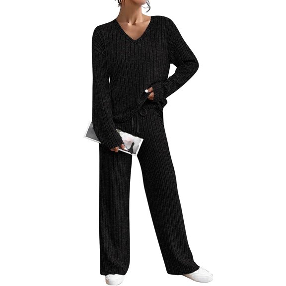 TIYOMI Plus Size Sweater Sets Outfits For Women 2 Piece Long Sleeve Tops Fall Winter Sweatsuit Knitted Sweater Top & Wide Leg Pants XL-5XL (14W-28W)