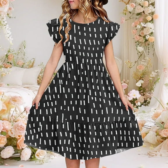 Juslio Girls Dress Summer Beach Ruffle Sleeve Round Neck A-line Knee Length Casual Black Sundress