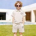 thumbnail image 2 of FINALGANG Toddler Boys Girls Solid Color Letter Print Polo Shirt Set Short Sleeve Button Down Casual Top Loose Fit Shorts Two Piece Outfit For Summer Daily Wear Classic Outfit, 2 of 8