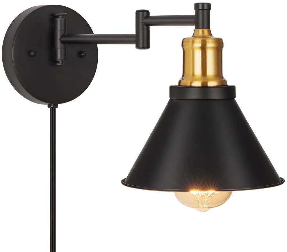 Swing Arm Wall Lamp Black Bedside Wall Sconce Metal Barn with Aged Brass Accent 