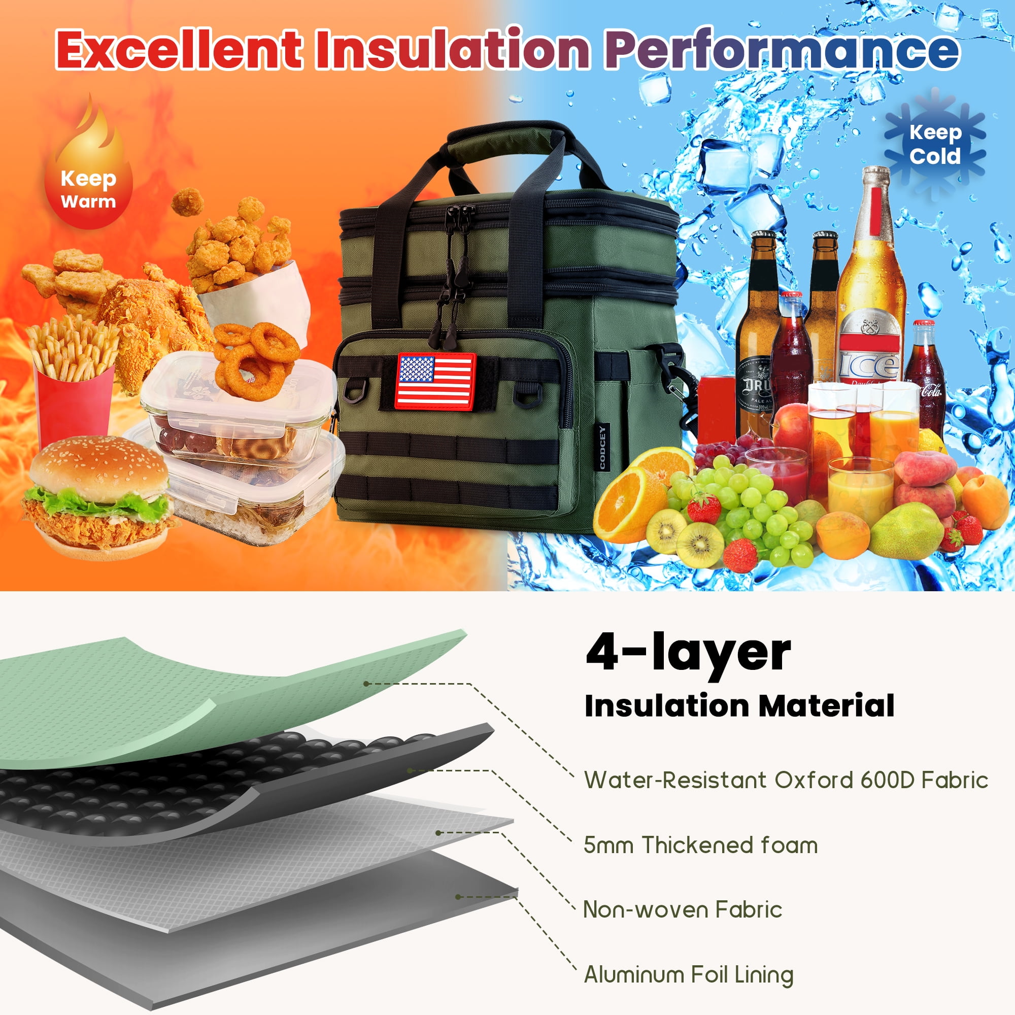 CODCEY Tactical Heavy Duty Insulated Expandable Double Deck Leakproof Large Reusable Lunch Bag Cooler