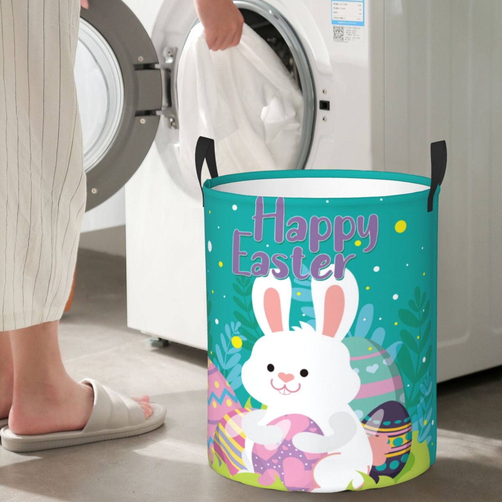 Gukieu Happy easter Print Round Dirty Clothes Bag, Waterproof Standing Home Bathroom Storage Basket Car Trunk Storage Bag-Small