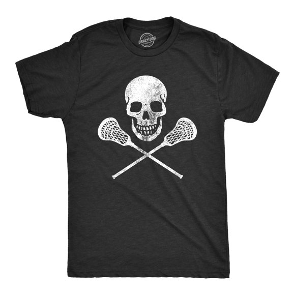 Mens Lacrosse Skull T Shirt Funny Lax Sports Skull and Crossbones Graphic Novelty Tee (Heather Black) - XL
