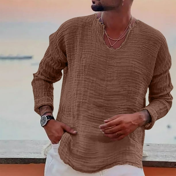 pstuiky camisa de manga larga para hombre, Camiseta de manga larga con cuello en V para hombre, color liso, a la moda Tops de talla grande para hombre m