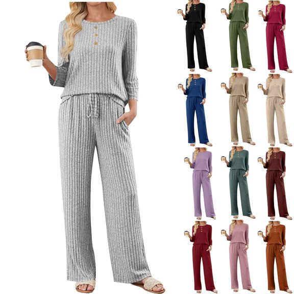 Cadancy Two Piece Sweater Sets for Women Ribbed Knit 3/4 Length Sleeve Crewneck Tops Drawstring Waist Wide Leg Pants with Pockets Comfy Sweaters Lounge Set Fall Sweatsuit 2025