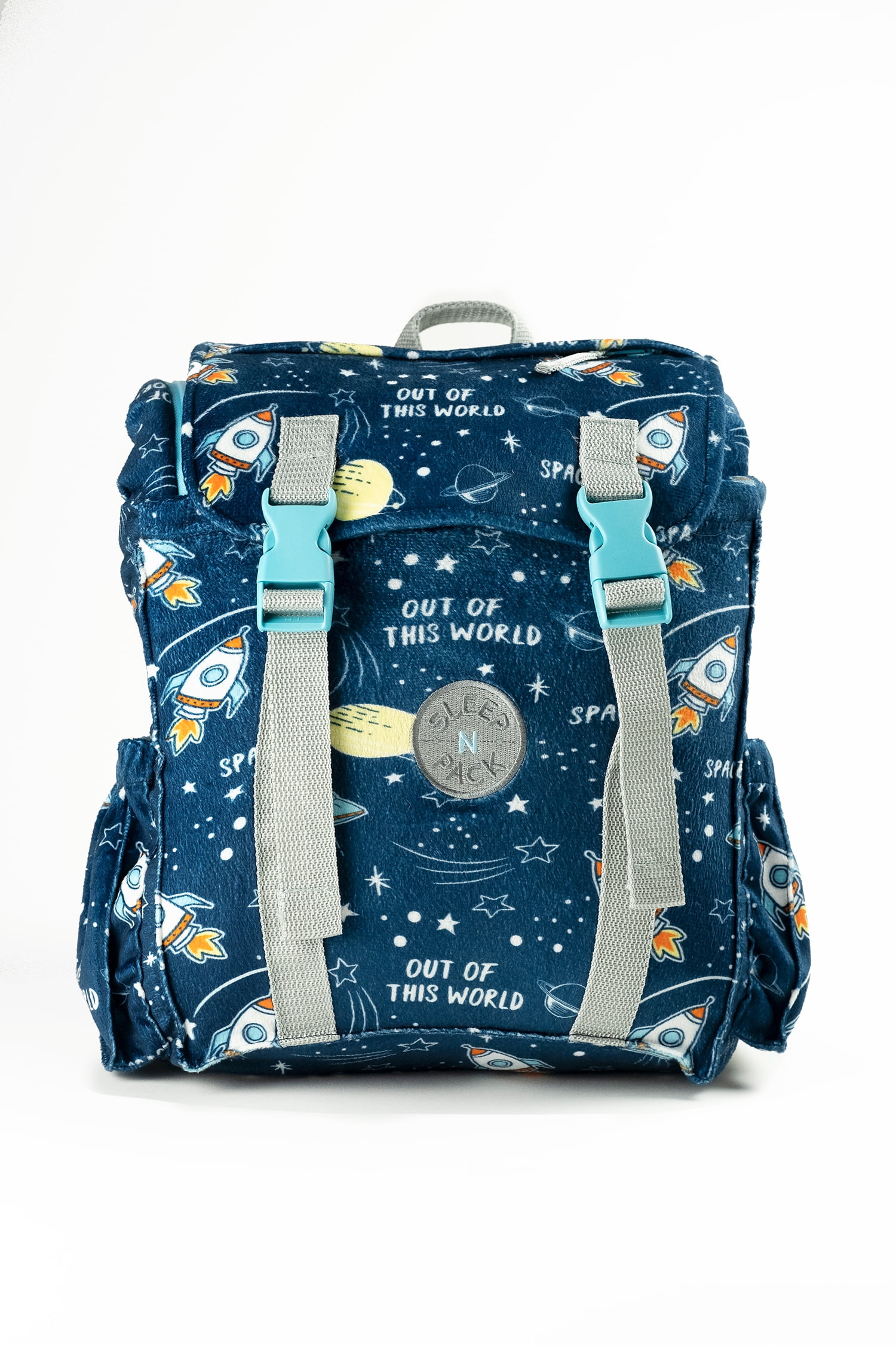 Mimish Sleep-N-Pack, 50 F Packable Kid's Sleeping Bag & Backpack, Space & Rockets Print