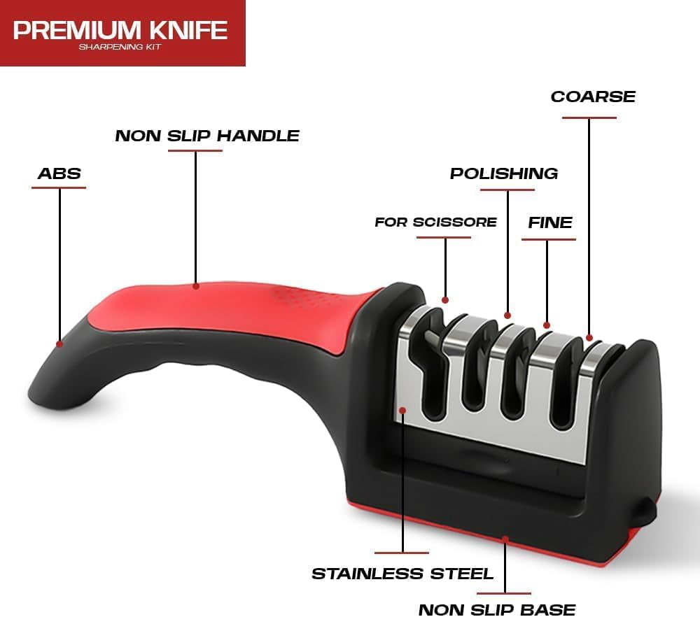 4-in-1 Kitchen Knife Accessories: 4-Stage Knife Sharpener Helps Repair, Restore, Polish Blades and Cut-Resistant Glove (Black & Red)