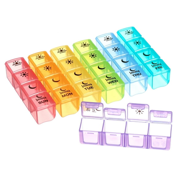 Ezy Dose Weekly (7-Day) Portable Travel Pill Organizer, 4 Times a Day, Rainbow