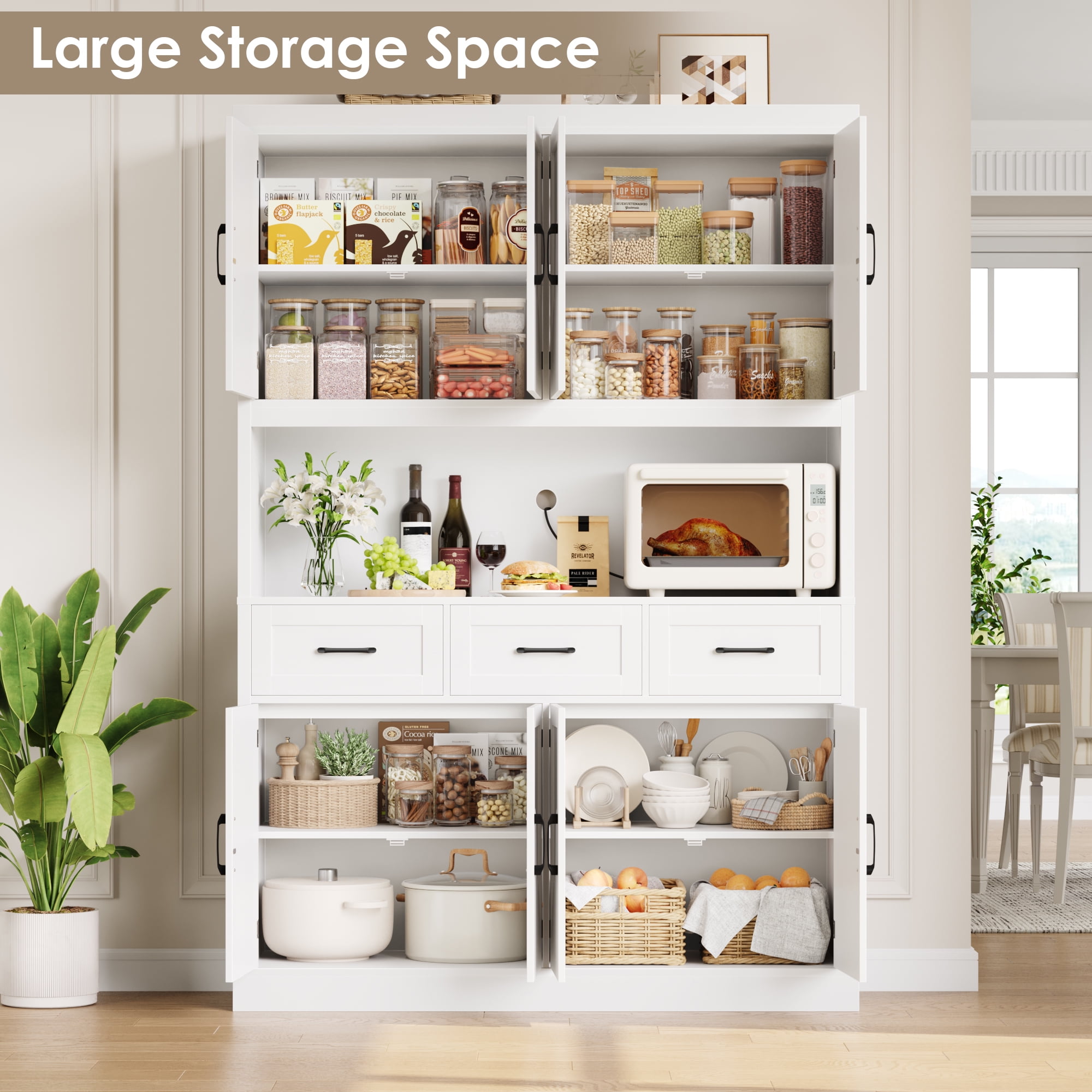 Homfa 76" Tall Kitchen Pantry Cabinet, Modern Storage Cabinet with Microwave Stand, Freestanding Cupboard with 3 drawers, Hutch Cabinet for Living Dining Room, White