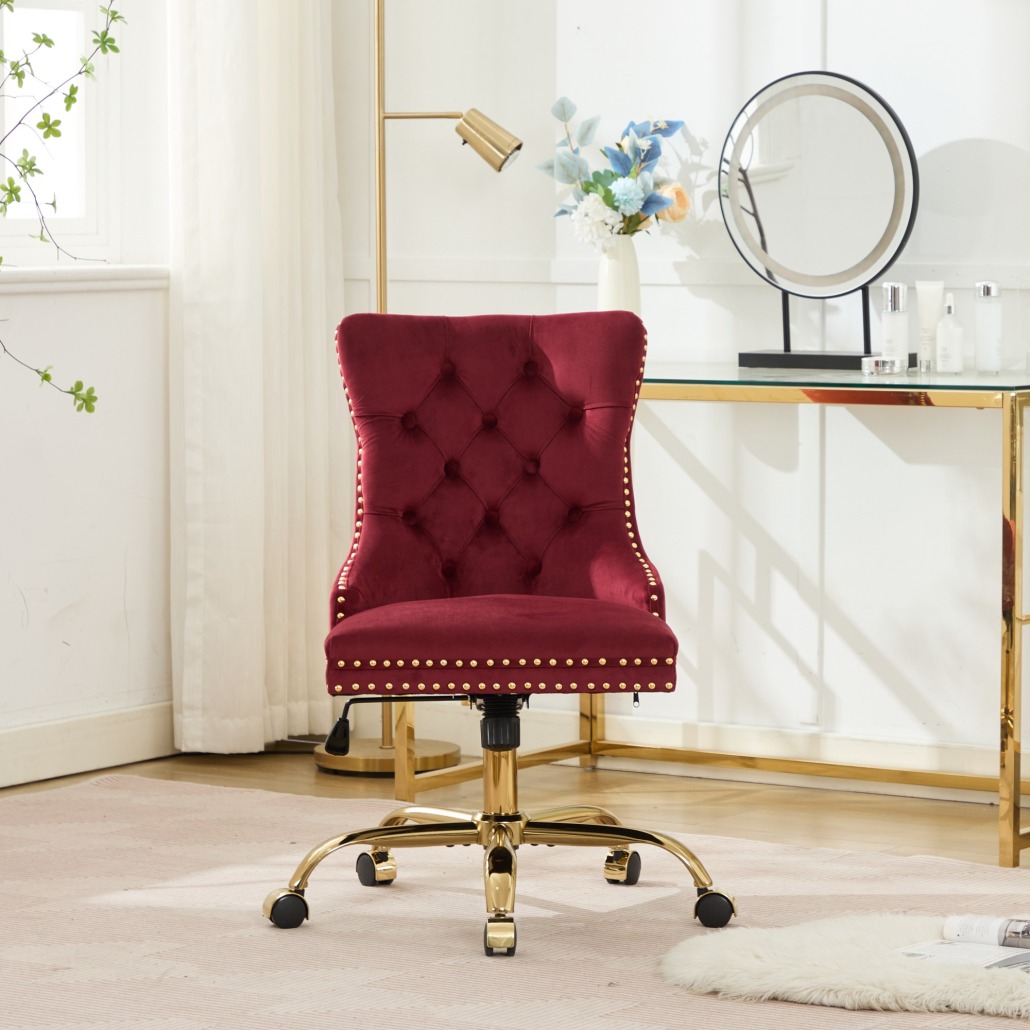 Velvet Office Desk Chair with Swivel Wheels, Modern Vanity Chair with Golden Metal Base and High Back, Tufted Button Adjustable Height Chair for Living Room, Bedroom, Apartment, Red