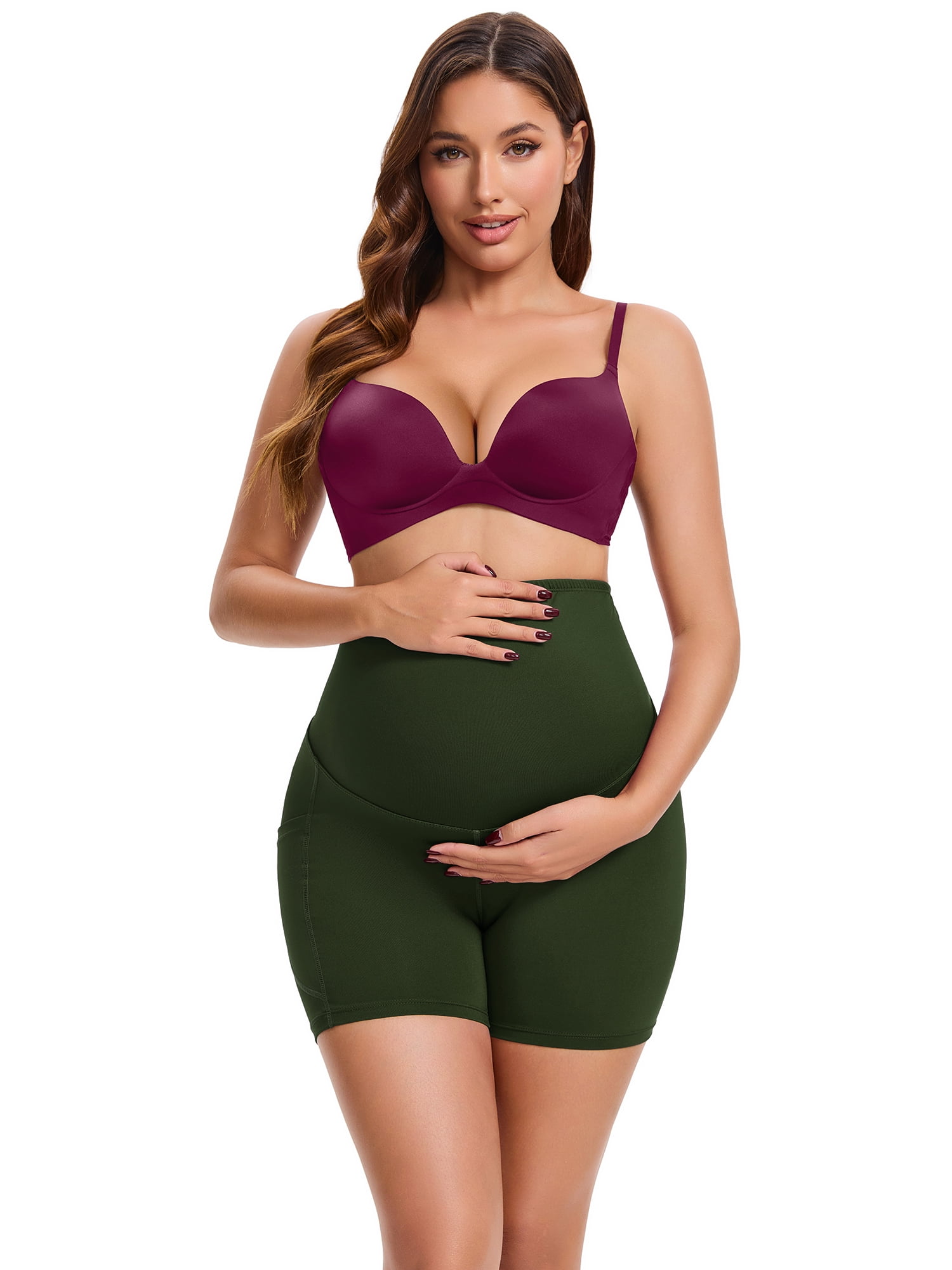 DARING DIVA Women's Maternity Mid Thigh Belly Support High Waist Shorts M Green