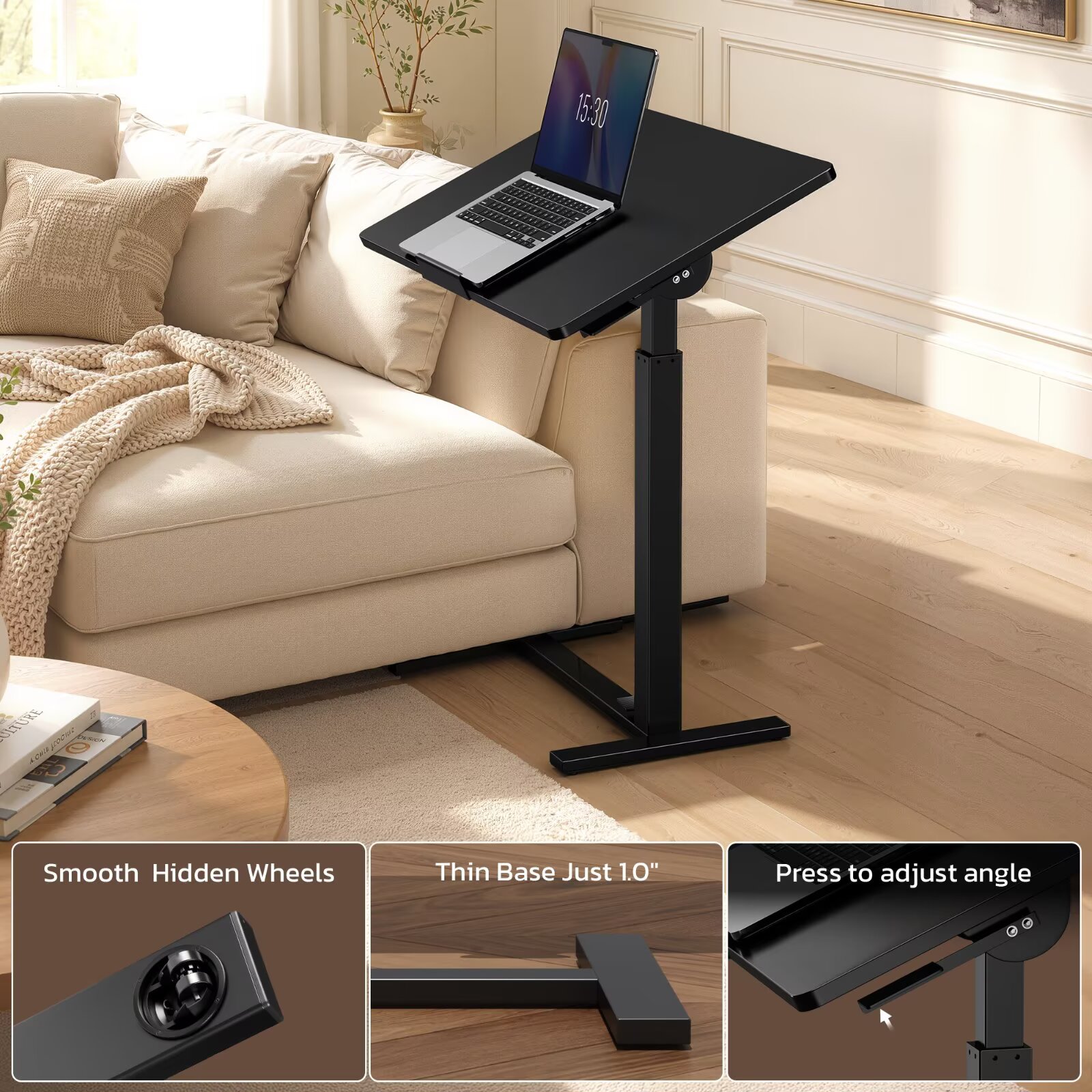 Simple Deluxe Mobile Standing Desk Adjustable Overbed Table, Pneumatic Height Adjustable Rolling Laptop Desk with Hidden Wheels, 0-180°Tilt Top Rolling Computer for Home Office, Black